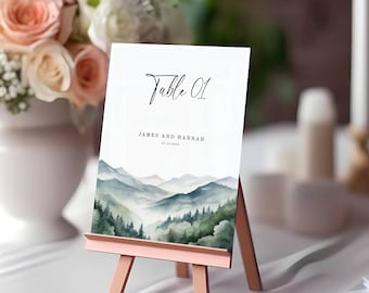 Mountain Editable Wedding Table Number Sign, Find Your Seat, INSTANT Download, Scenic Wedding Mountain Wedding Seating, Printable Table Sign