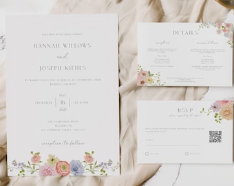 Whimsical Floral Wedding Invitation Set, Field Flowers Invitation Suite Template, Summer Wildflower Wedding Invite QR Code Bundle