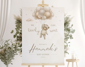 Babyparty Neutralbär-Bär Ballon-Willkommensschild, Wir können Bären-Babyparty-Poster warten, neutrales Boho Bärn-Babyparty-Dekor-01