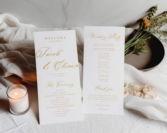 Gold Minimalist Program Card,Modern Order of Service, Printable Wedding Program, DIY Ceremony Template, Editable Instant Download