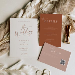 Terrakotta-Einladungen mit QR-Code RSVP, Gebranntes Orange-Hochzeitseinladungs-Set, PeachInvitation-Reihe, bearbeitbares Vorlagenpaket