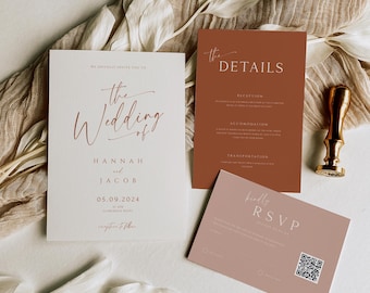 Terracotta Invitations with QR Code RSVP, Burnt orange Wedding Invite Set, PeachInvitation Suite, Editable Template Bundle