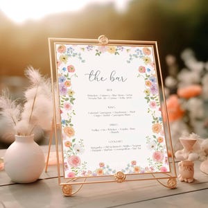 Plantilla de menú de bar de bodas con flores silvestres, letrero de recepción de bar con motivos florales bohemios, letrero de mesa de bebidas exclusivas, señalización de menú de cócteles, Templett