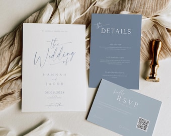 Dusty Blue Invitations with QR Code RSVP, French Blue Wedding Invite Set, Light Blue Invitation Suite, Editable Template Bundle