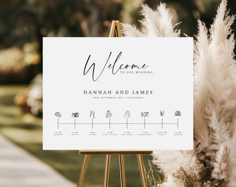 Editable wedding welcome sign template with icons, simple black white horizontal timeline, large order of the day download