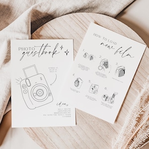 May include: Two printable cards with instructions on how to load film into an instant camera. The first card has a line drawing of an instant camera and the text "PHOTO guestbook". The second card has the text "HOW TO LOAD new film" and six numbered steps with illustrations.