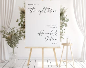 May include: A white wedding welcome sign on a wooden easel. The sign reads "Welcome to the night before" and celebrates the union of Hannah & Julian, with the date 15.04.24. The scene includes floral arrangements and candles.