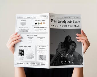 Hochzeit Zeitung einladen, gefaltet große Zeitung Programm Vorlage, Gast Preise, Foto-Einladung DIY druckbare Canva digitaler Download