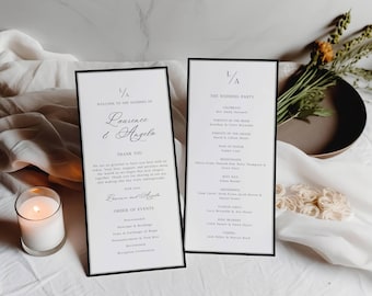 Programma di nozze moderne di lusso, matrimonio classico in stile antico, ordine del servizio minimalista, programma della cerimonia, cronologia del giorno delle nozze