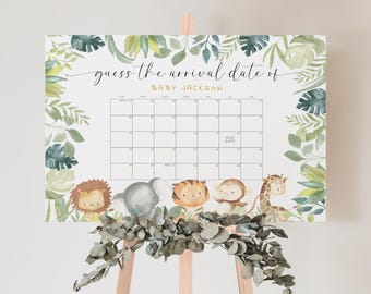 Calendario delle date di scadenza del bambino nel bosco, gioco per baby shower, indovina il compleanno del bambino, previsione modificabile del bambino, Templett, tema foresta, cuccioli