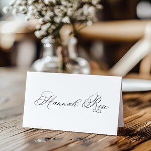 Elegant name cards, folded place cards in black ink, modern calligraphy place cards for weddings, parties, and special events