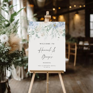Watercolor Dusky Blue Floral Wedding Welcome Sign, Moonlight Blue Wedding Sign, Dusty Blue Welcome Signs