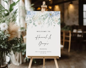 Panneau de bienvenue de mariage floral bleu foncé aquarelle, panneau de mariage bleu clair de lune, panneaux de bienvenue bleus poussiéreux
