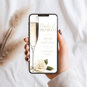 Plantilla de invitación telefónica para despedida de soltera con perlas y prosecco, invitación electrónica imprimible minimalista para despedida de soltera con perlas, despedida de soltera