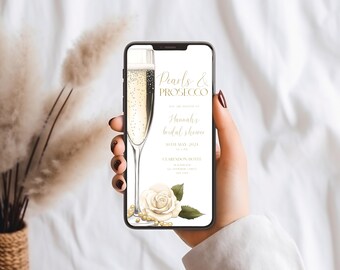 Pearls and Prosecco Bridal Shower Phone Invitation Template, Printable Minimalist Pearl Bridal Shower E - vite, Wedding Shower