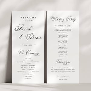 May include: A wedding ceremony programme with a black and white design. The front page features the names Jacob & Cleana and the date of the wedding. The back page lists the wedding party and includes a thank you message.