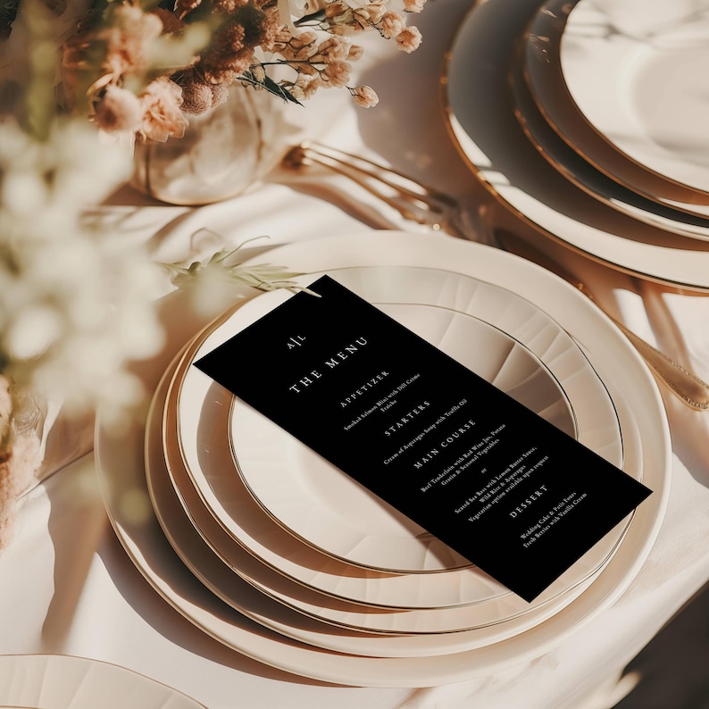Menu Seeable Elegant Black Wedding Menu Template, Modern Script Dinner Menu ...