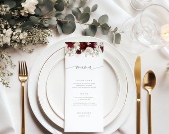 Red Floral Minimalist Wedding Menu Template, Elegant Script Wedding Dinner Menu, Printable, Digital Download, Reception Dinner Templett