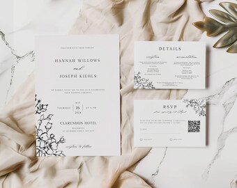Floral  Line Art Minimalist Wedding Invitation Set, Modern, Simple, Elegant, Editable Template, Invite, RSVP, Details