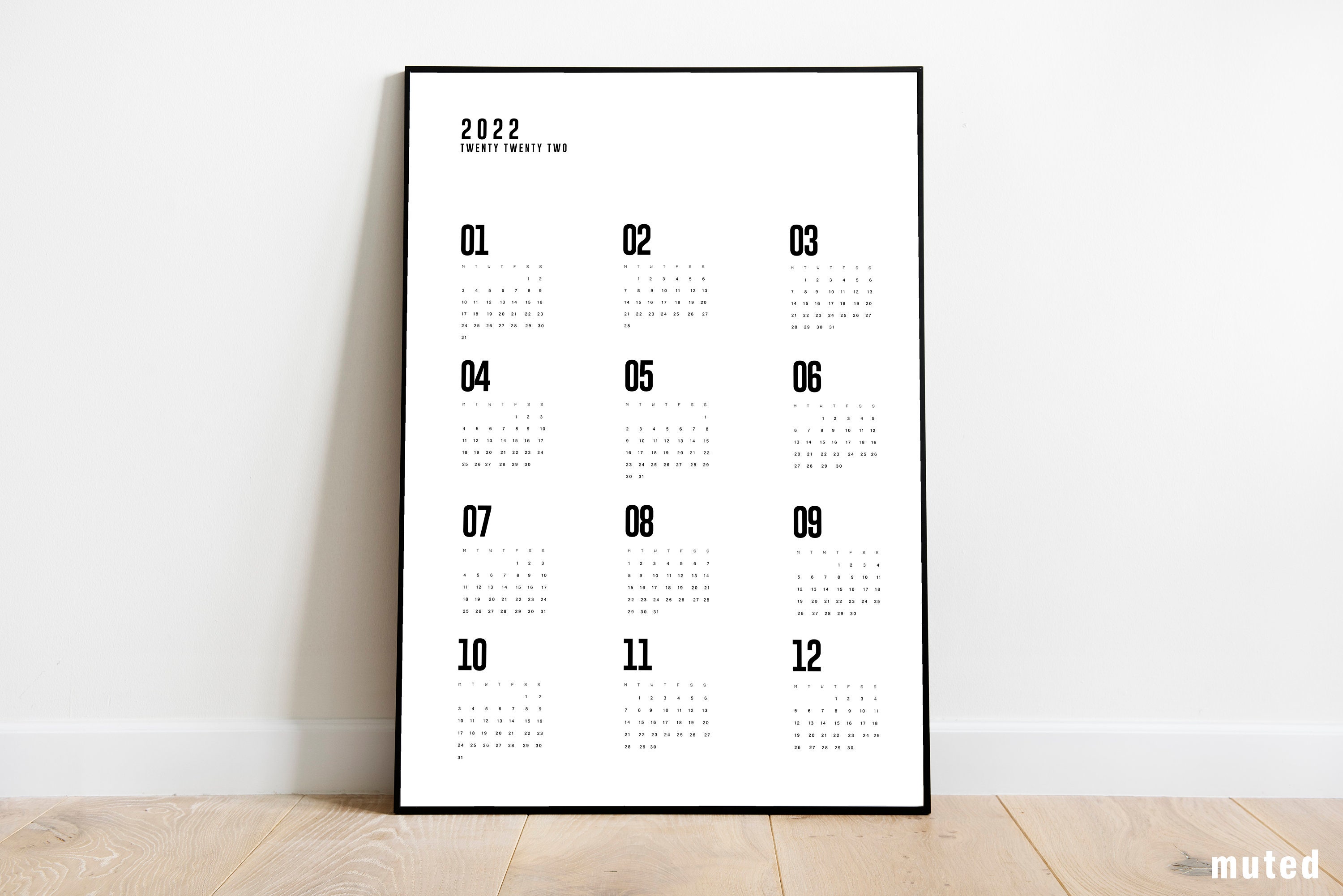 2022 Minimalistische Druckbare Kalender 2022 Einfacher Etsy
