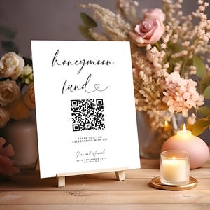 Cartello modificabile per matrimonio, cartello moderno per fondo luna di miele, modello di codice QR Venmo, codice QR per fondo luna di miele, matrimonio moderno.