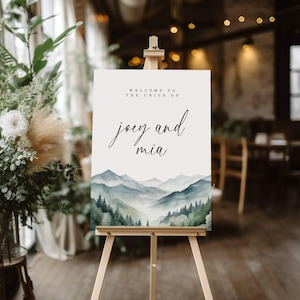 Cartello di benvenuto in montagna, evento all'aperto, cartello per matrimonio con alberi sulle montagne, decorazioni per matrimonio, decorazioni per matrimonio avventuroso
