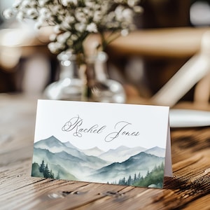 Berg bearbeitbare Hochzeit Tisch Platzkarten Vorlage, druckbare Berg Hochzeit Name Karte, Greenery Hochzeit Tischkarte, Sofort Download