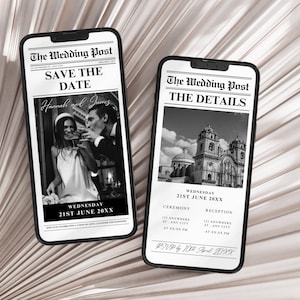 May include: Two black and white save the date cards with a newspaper design. The first card says "Save the Date" and features a photo of a couple. The second card says "The Details" and features a photo of a church. The text on the cards includes the date "Wednesday, 21st June 20XX".