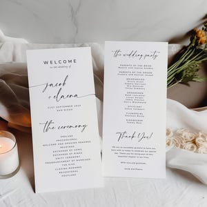 May include: A wedding ceremony programme with a white background and black text. The programme includes the names of the bride and groom, "Jacob + Elaina", the date "21st September 2014", the location "San Diego", and the order of the ceremony. The second page lists the wedding party, including the parents of the bride and groom, bridesmaids, groomsmen, officiant, and other roles. The programme ends with a "Thank You!" message.