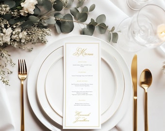 Chic Gold Wedding Menu, Classic Menu, Traditional Script Wedding Menu Cards, Faux Gold Calligraphy Menu, Minimalist Wedding Menu