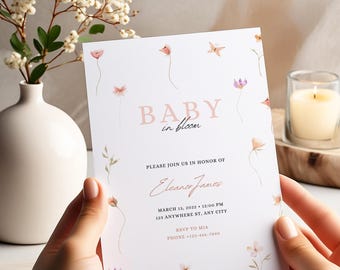 Invitación de Baby In Bloom, invitación para baby shower, flores silvestres, baby shower floral de primavera y verano, plantilla de invitación digital para baby shower