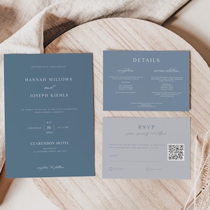 Dusty Blue Minimalist Wedding Invitation Set, Modern, Simple, Elegant, Editable Template, Invite, RSVP, Details