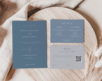 Dusty Blue Minimalist Wedding Invitation Set, Modern, Simple, Elegant, Editable Template, Invite, RSVP, Details