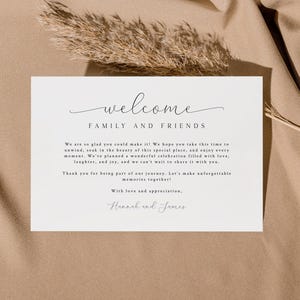 Modelo de nota de boas-vindas para casamento no destino, nota de hotel, presente de boas-vindas elegante para casamento, nota de boas-vindas minimalista para fim de semana de casamento
