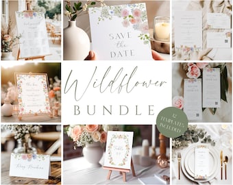Wildflower Wedding Reception Bundle, Summer Floral Sign Template Package, Whimsical Table Signage, Editable Template Bundle