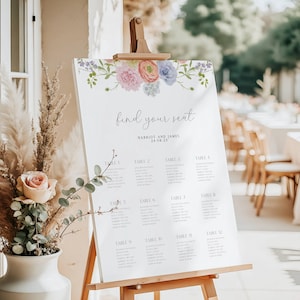 Modelo de gráfico de assentos para casamento com flores silvestres, plano de assentos florais boho, pôster de gráfico de assentos para casamento com flores silvestres editável para impressão