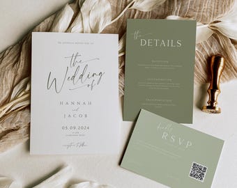 Minimal Sage Green Wedding Invitation Suite with QR Code, Editable Templates Bundle, Modern RSVP, and Details Card Invite Set.