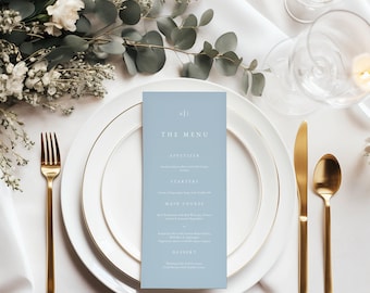 Dusty Blue Menu Template, Modern Wedding Dinner Menu Card, Blue Menu Printable, 100% Editable Text