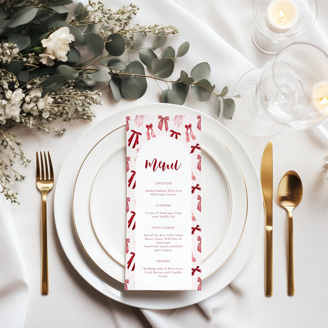 Pink Ribbon Bow Menu Template, Wedding/bridal Shower Menu, Printable ...