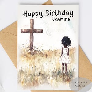 Gepersonaliseerde religieuze verjaardagskaart van 5 x 7 voor een kind – handgemaakte wenskaart met aquarelontwerp, Afrikaans-Amerikaans
