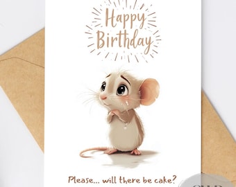 Tarjeta de cumpleaños divertida de ratón, amante de los animales, humor de pasteles (5x7)