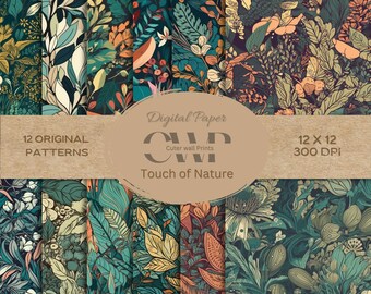 May include: Twelve original digital paper patterns featuring a variety of floral designs in shades of green, blue, yellow, and orange. The patterns are 12 inches by 12 inches and 300 DPI.