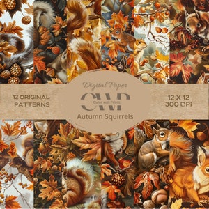 AUTUNNO, SCOIATTOLI/12 stampe senza soluzione di continuità, carta digitale alimentare, motivo ripetuto autunnale, scoiattoli, sfondo, carta digitale animale, album di ritagli
