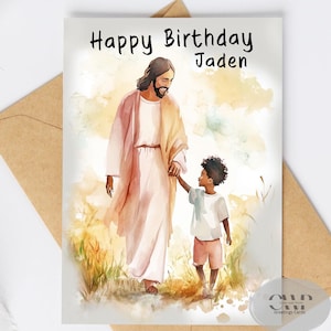Biglietto di auguri di compleanno religioso personalizzato 5 x 7 per un bambino – Biglietto di auguri con design ad acquerello fatto a mano, afroamericano