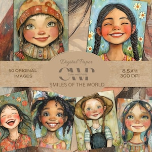 Sonrisas caprichosas de todo el mundo, diario basura, peculiar, arte fantástico, libro de cuentos, papel digital, páginas imprimibles, impresión en técnica mixta.