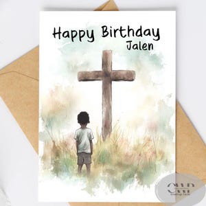 Biglietto di auguri di compleanno religioso personalizzato 5 x 7 per un bambino – Biglietto di auguri con design ad acquerello fatto a mano, afroamericano