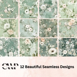 K&ouml;nnte beinhalten: Zw&ouml;lf nahtlose Blumenmuster in Gr&uuml;n-, Wei&szlig;- und Beiget&ouml;nen. Die Muster zeigen zarte Blumen und Bl&auml;tter, perfekt f&uuml;r Bastel- und Designprojekte.