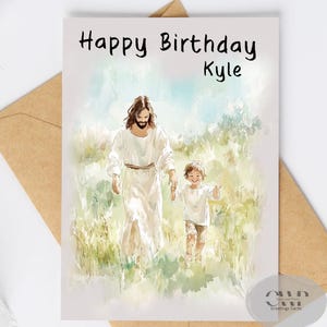 Gepersonaliseerde religieuze verjaardagskaart van 5 x 7 voor een kind – Handgemaakte wenskaart met aquarelontwerp