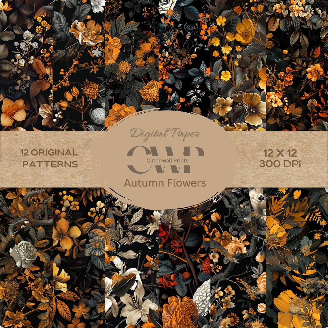 Autumn Flowers Digital Paper Pack, Dark Floral Patterns (digital ...