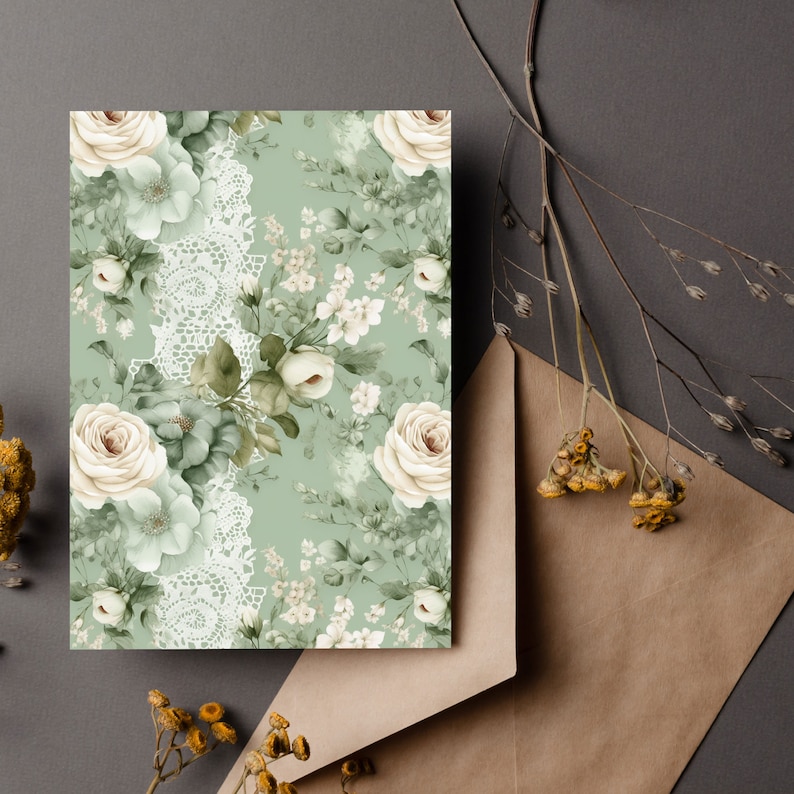 K&ouml;nnte beinhalten: Ein nahtloses Muster mit wei&szlig;en Rosen und zarter Spitze auf hellgr&uuml;nem Hintergrund. Das Blumenmuster ist perfekt f&uuml;r Bastelprojekte, Scrapbooking und Wohnkultur.